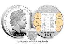Your Decimalisation Silver Coin is struck from 5oz of .999 Silver. The reverse features an images of the conversion of old shillings to new pence and pounds. 