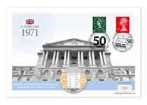Your 50th Anniversary of Decimalisation Cover features a Guernsey 2021 Silver Proof £5, struck from .925 Silver. Presented alongside a Red 1st class stamp and a 1960 Wildings Definitive stamp.