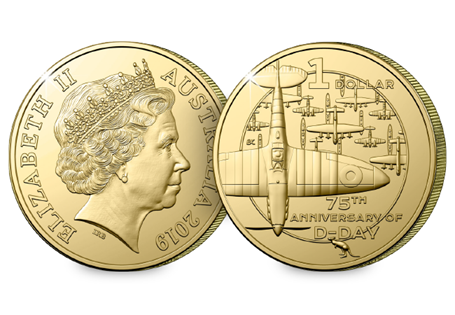This $1 has been specially issued to commemorate the 75th Anniversary of D-Day in 2019. This coin is in Uncirculated quality.