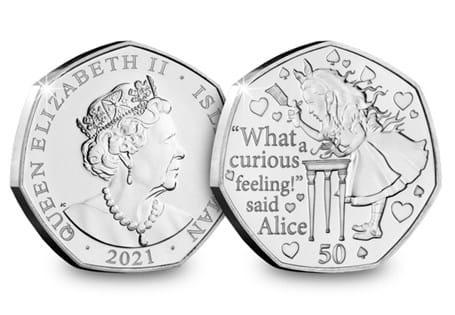 Issued in 2020 to celebrate the 150th anniversary of Lewis Carroll's sequel to Alice in Wonderland bring published. This coin features an illustration of Alice and quote from the first Alice book. 