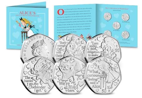 Issued in 2021 this collection features five 50p coins each depicting a character from the Alice in Wonderland book: Alice, the Mad Hatter, the Queen of Hearts, the Cheshire Cat, and the White Rabbit.