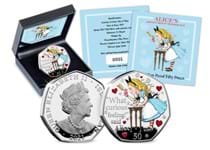 Issued in 2020 to celebrate the 150th anniversary of Lewis Carroll's sequel to Alice in Wonderland being published. This coin features an illustration of Alice and quote from the first Alice book.