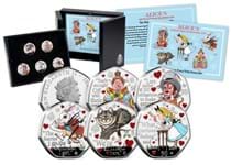 Features five 50p coins depicting chracters from the Alice in Wonderland book: Alice, the Mad Hatter, the Queen of Hearts, the Cheshire Cat, and the White Rabbit. A quote from the book features