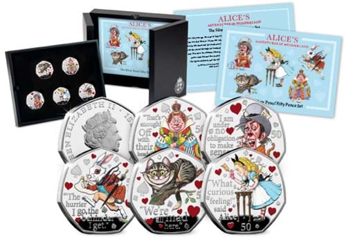 Alice's Adventures in Wonderland Silver 50p Set Obverse and Reverses in the forefront with the display box, and certificate behind