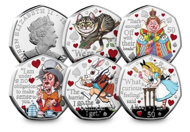 Alice's Adventures in Wonderland Silver 50p Set Obverse and Reverses