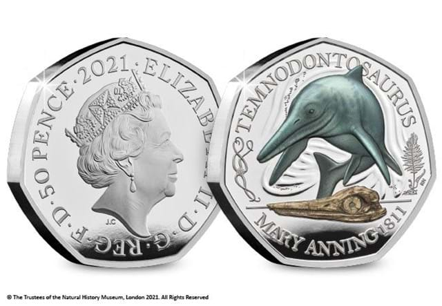 UK 2021 Temnodontosaurus Colour Silver 50p both sides