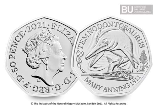 2021 UK Temnodontosaurus CERTIFIED BU 50p both sides with BU logo