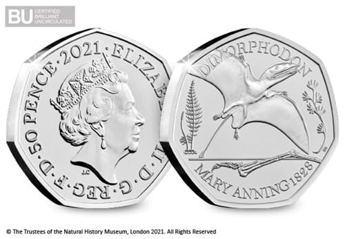 2021 Dimorphodon BU 50p Obverse and Reverse with BU logo