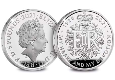 This is the official UK 2021 £5 coin issued by The Royal Mint to mark the 95th birthday of Queen Elizabeth II. It is struck from .925 silver to a proof finish.
