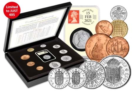 This remarkable collection includes a set of the last circulating pre-decimal coins, as well as a 1969 50p, postmarked with the 50th anniversary date of decimalisation. 