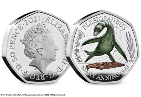 This is the official Plesiosaurus 50p issued by The Royal Mint. It is the 2nd coin in the Mary Anning dinosaur collection. It is struck from .925 Silver to a Proof finish. EL 7,000