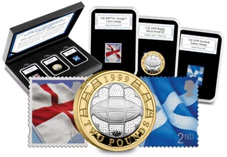 Celebrate the 150th anniversary of the first Rugby Union match between England and Scotland on 27th March 1871. Includes the UK 1999 Rugby Silver Proof coin and an England and Scottish Flag stamp.