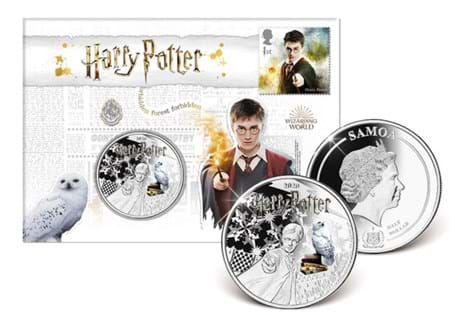 This coin cover features the Official Silver-plated Harry Potter Coin alongside the 2018 Royal Mail Harry Potter Stamp. In themed cover.
