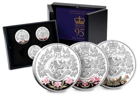 Your Queen's 95th Birthday £5 Trio Set features 3 coins struck from .925 Silver to a Proof finish. The coins are minted in Jersey, Guernsey and Isle of Man. 