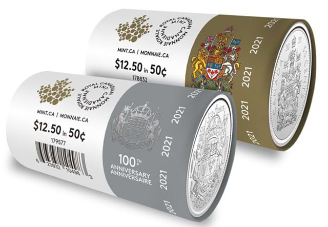 2021 Canada Coat of Arms 50c Wrap Roll Pair Queen Elizabeth II rolls side by side