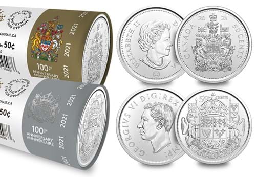 2021 Canada Coat of Arms 50c Wrap Roll Pair Queen Elizabeth II rolls with both sides next to them
