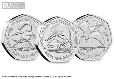 This Collection includes all three United Kingdom Mary Anning 50ps issued in 2021: Temnodontosaurus, Plesiosaurus and the Dimorphodon. 
