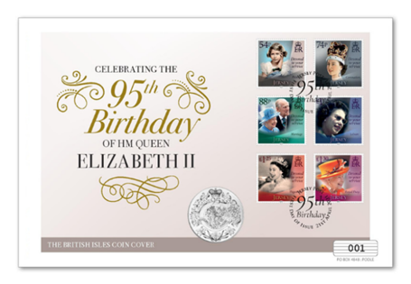 Your British Isles Queen Elizabeth II 95th Birthday Coin Cover features the Jersey 2021 Queen Elizabeth II 95th Birthday 6v Stamp Set and the Jersey 2021 Queen Elizabeth II 95th Birthday £5 coin.