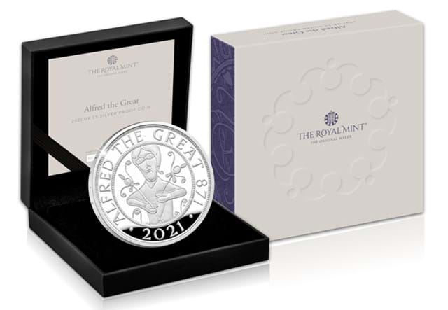 UK 2021 Alfred the Great £5 Silver Proof Coin display box and pack
