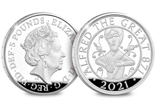 UK 2021 Alfred the Great £5 Silver Proof Coin Obverse and Reverse