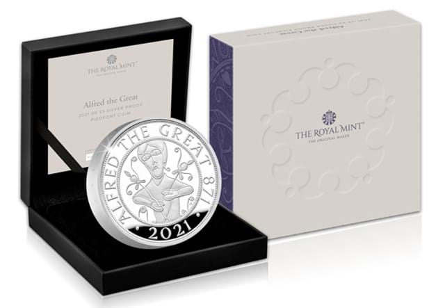 UK 2021 Alfred the Great £5 Piedfort Silver Proof Coin in display box next to pack