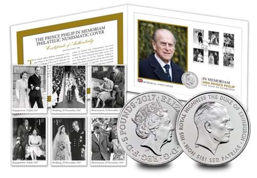 Prince Philip Memorial £5 Cover Inside with Coin Obverse and Reverse and Stamps