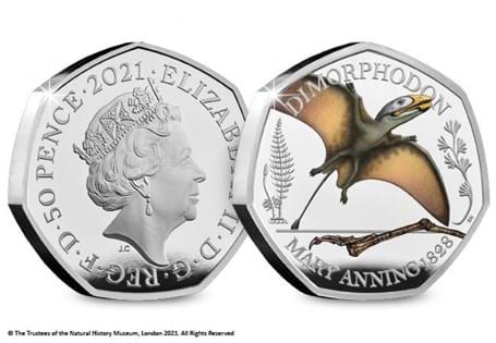 This is the official Dimorphodon 50p issued by The Royal Mint. It is the 3rd coin in the Mary Anning dinosaur collection. It is struck from .925 Silver to a Proof finish. EL 7,000