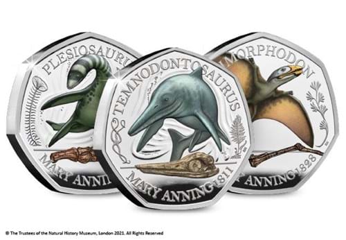 UK 2021 Complete Coloured Silver Mary Anning 50p Collection Reverses