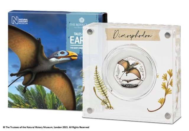UK 2021 Complete Coloured Silver Mary Anning 50p Collection Dimorphodon with packaging