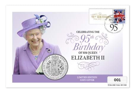 Queen Elizabeth II 95th UK Coin Cover carries Royal Mail’s 1st Class rule Britannia stamp together with an exclusive customised philatelic label paired with the UK’s official Queen's birthday £5 coin.