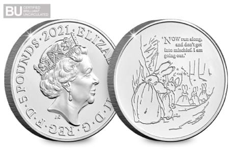 This £5 coin was issued to commemorate the 120th Anniversary of the publishing of the much loved children's tale — The Tale of Peter Rabbit™.