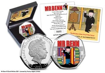 Mr Benn 50th Anniversary Silver Proof 50p Coin Obverse and Reverse with packaging