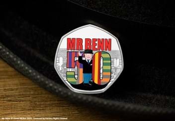 Mr Benn 50th Anniversary Silver Proof 50p Coin on black surface
