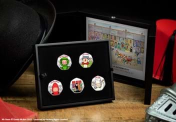 Mr Benn 50th Anniversary Silver Proof 50p Set in display box on wooden surface