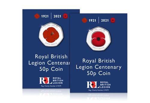 The RBL Centenary BU Colour 50p Pair Reverses in packaging