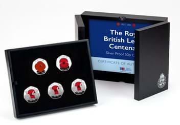 The RBL Centenary Silver Proof 50p Set in display box beside certificate