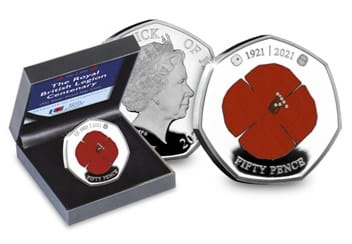RBL Centenary Heritage Poppy Silver 50p in display box beside Obverse and Reverse