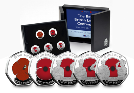 Your RBL Centenary 50p Set is features 5 coins struck from .925 Silver to a Proof finish. The reverse of the coins features designs of the Remembrance Poppy and Armed Forces Officers in full colour.