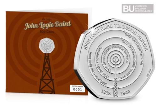 2021 UK John Logie Baird 50p Display Card reverse and display card with BU logo