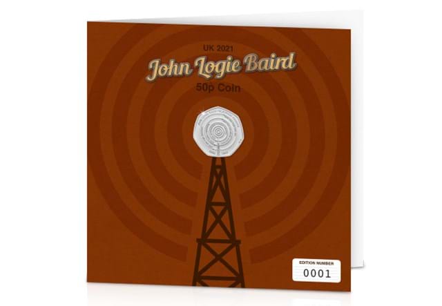 2021 UK John Logie Baird 50p Display Card front of display coin