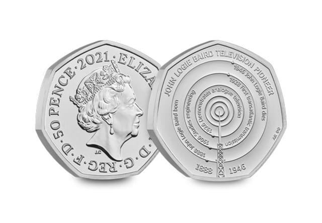 2021 UK John Logie Baird 50p Display Card both sides of coin