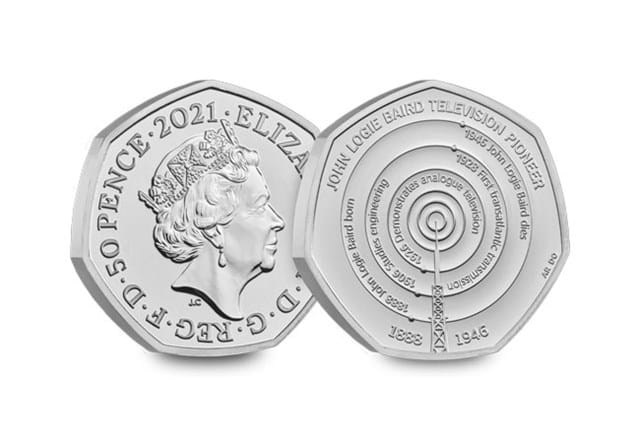 2021 UK John Logie Baird 50p Display Card both sides of coin