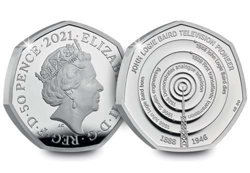 UK 2021 John Logie Baird Silver Proof 50p both sides