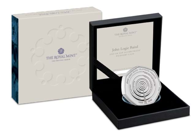 UK 2021 John Logie Baird Silver Proof Piedfort 50p Coin in display box next to packaging