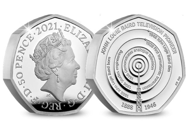 UK 2021 John Logie Baird Silver Proof Piedfort 50p Coin Obverse and Reverse