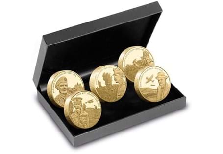 The Military Leaders of Great Britain Set features five Piedfort coins plated with 24 carat gold to a Proof finish.