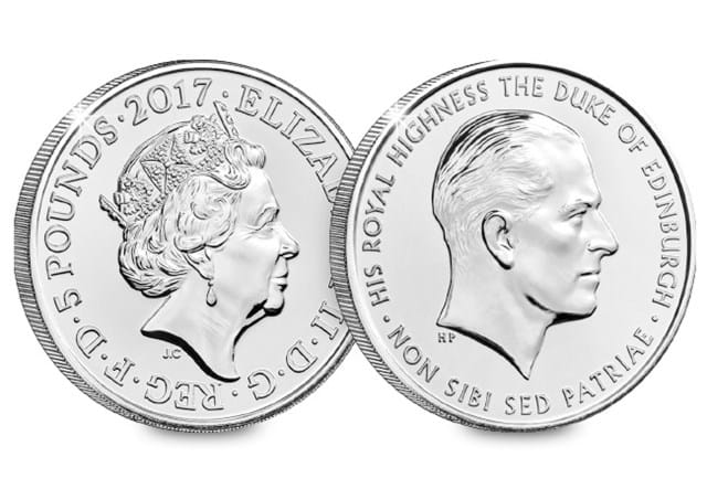 The Prince Philip Memorial Historic Coin and Stamp Collection Obverse and Reverse of £5 coin