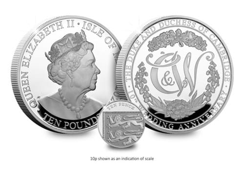 Will and Kate 10th Anniversary Silver 5oz Comparison against 10p