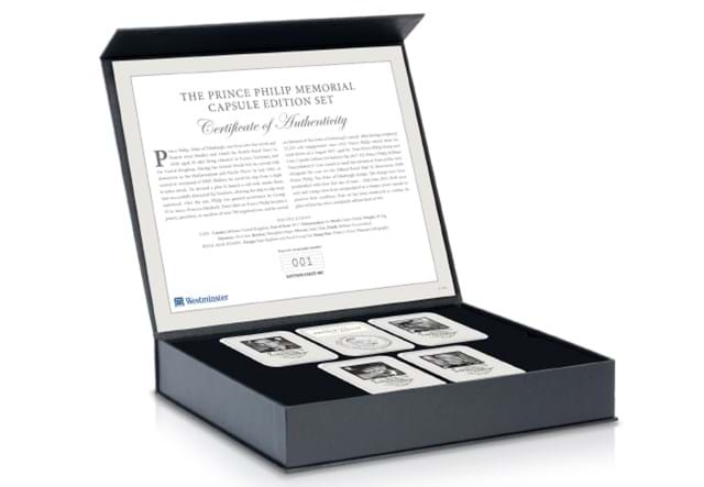 The Prince Philip Memorial Historic Coin and Stamp Collection in display box