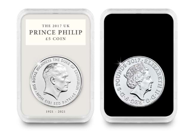 The Prince Philip Memorial Historic Coin and Stamp Collection Reverse and Obverse of £5 coin in capsule